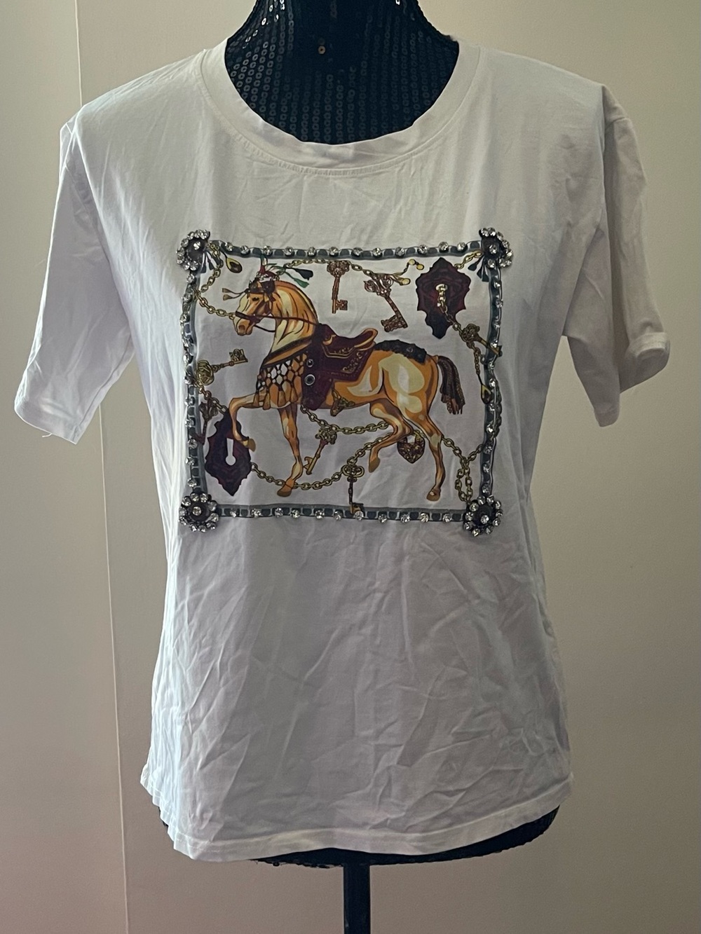 White Short Sleeve Tee with Horse & Chain Print